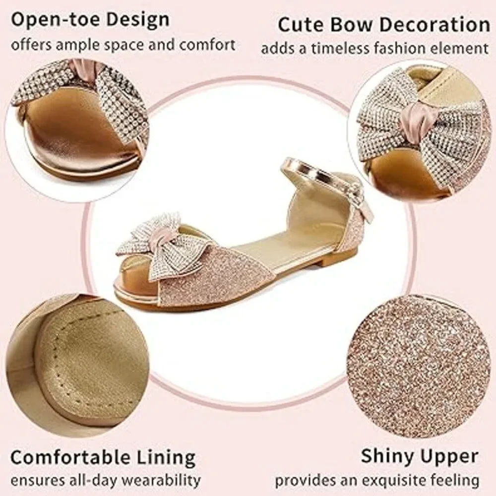 Aomigoct Girls Size 4 Rose Gold Silver Bow Glitter Princess Flat Sandal Shoes